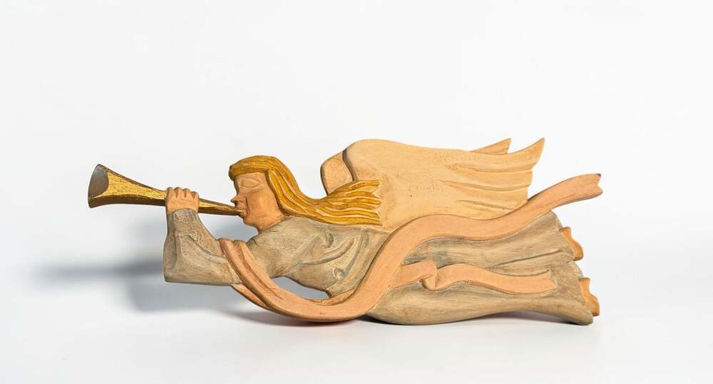 Vintage Hand Carved Wooden Angel Playing Trumpet Wall Hanging Ornament